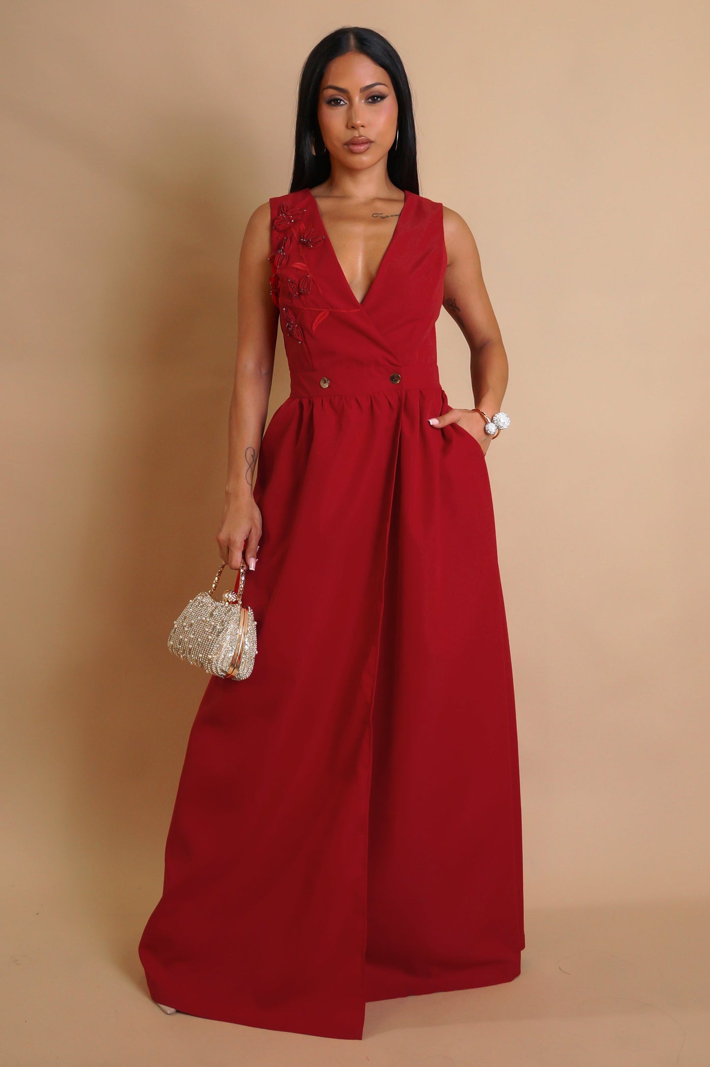 Solid Red Slit Maxi Dress