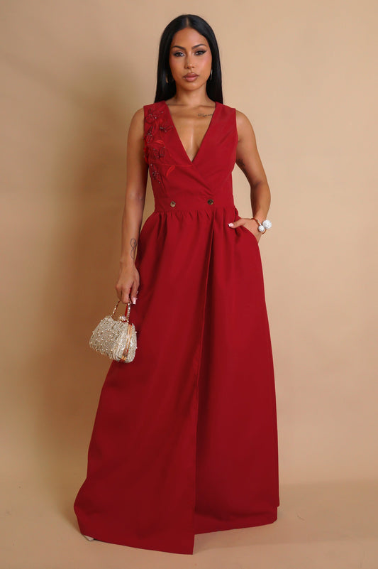 Solid Red Slit Maxi Dress