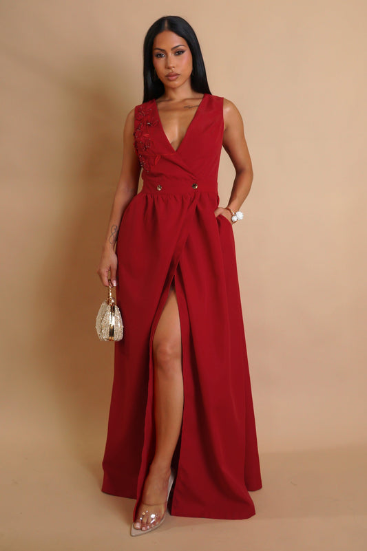 Solid Red Slit Maxi Dress