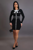 Black & White Contrast Ribbed Mini Dress W/ Bow Trim- Black