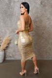 3d Flower Gold Midi Ruched Dress