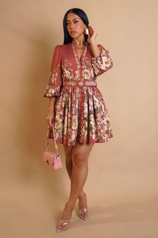 Flower Pop Mauve Mini Pleated Dress w/ Belt
