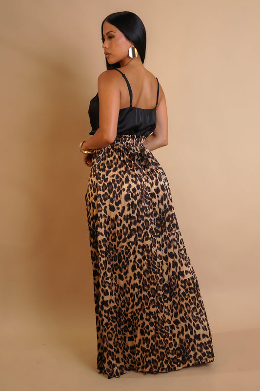 Animal Print Satin Pleated Maxi Dress