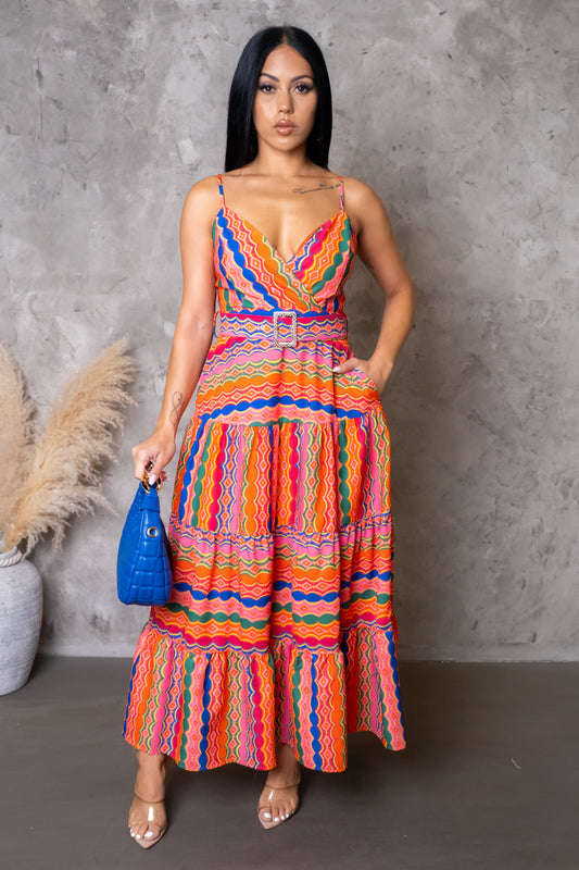 Belted Flare Multi-Orange Dress