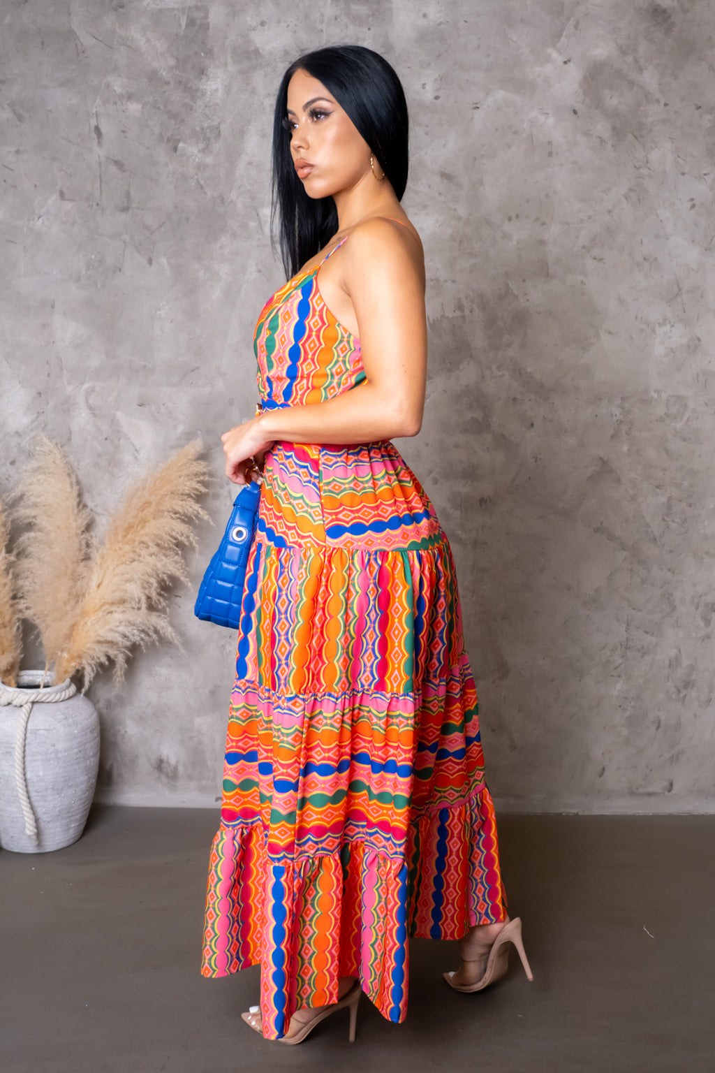 Belted Flare Multi-Orange Dress