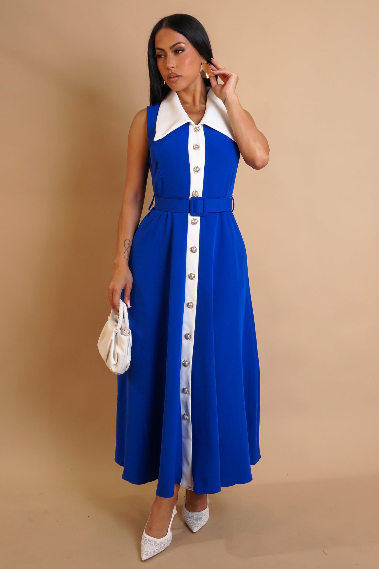 Dark Blue & White Contrast Belted Midi Dress