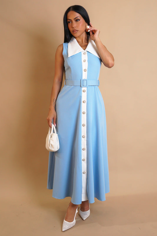Light Blue & White Contrast Belted Midi Dress