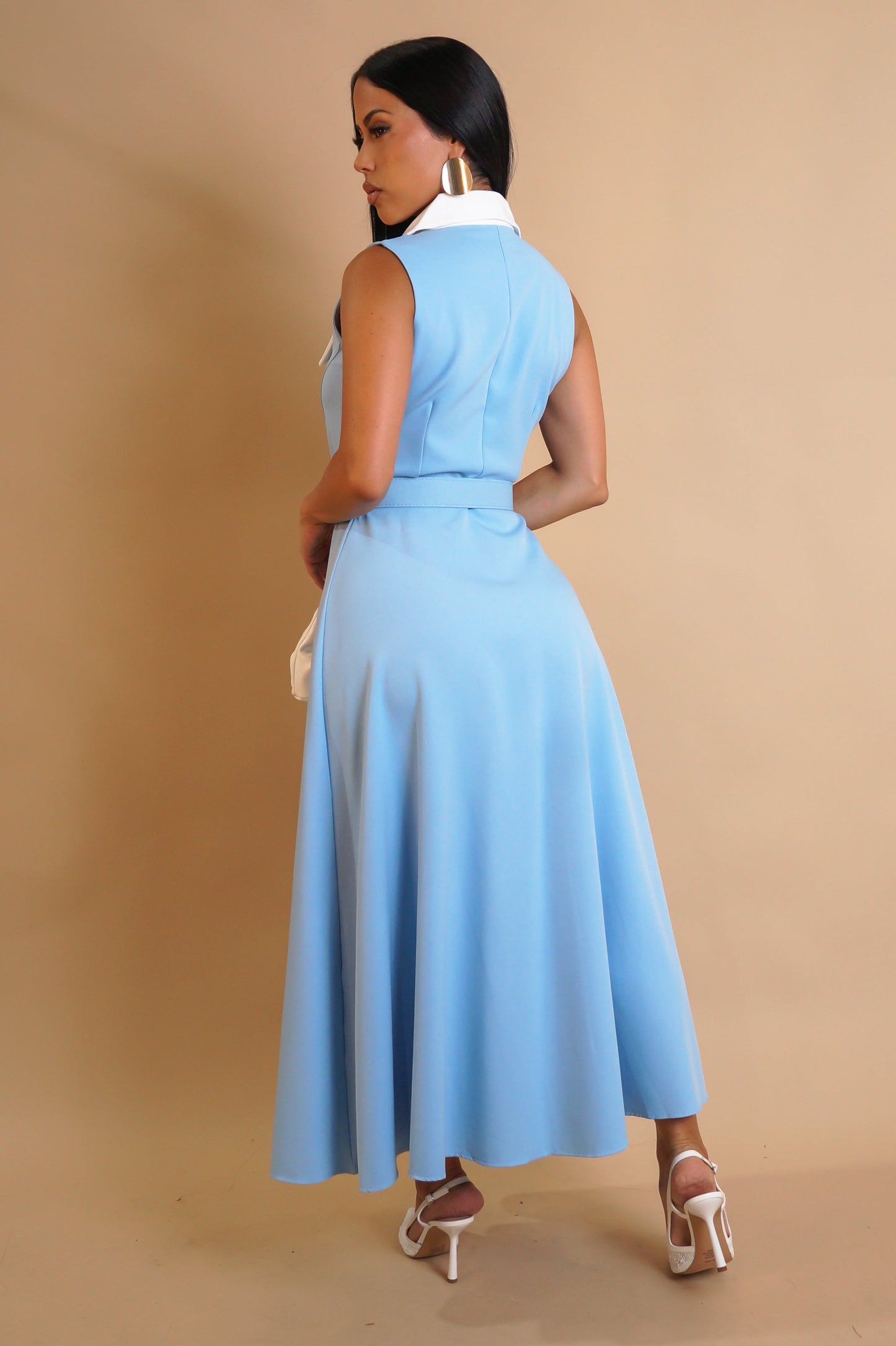 Light Blue & White Contrast Belted Midi Dress