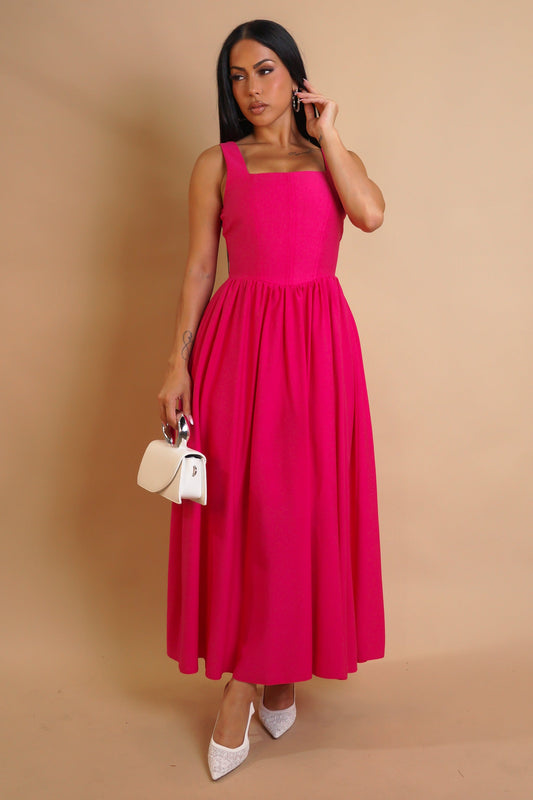 Solid Pink Pleated Midi Dress