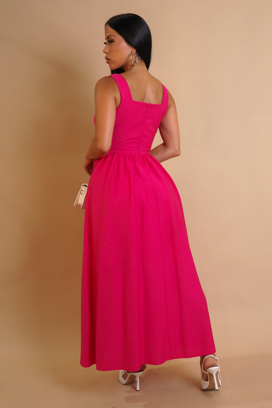 Solid Pink Pleated Midi Dress