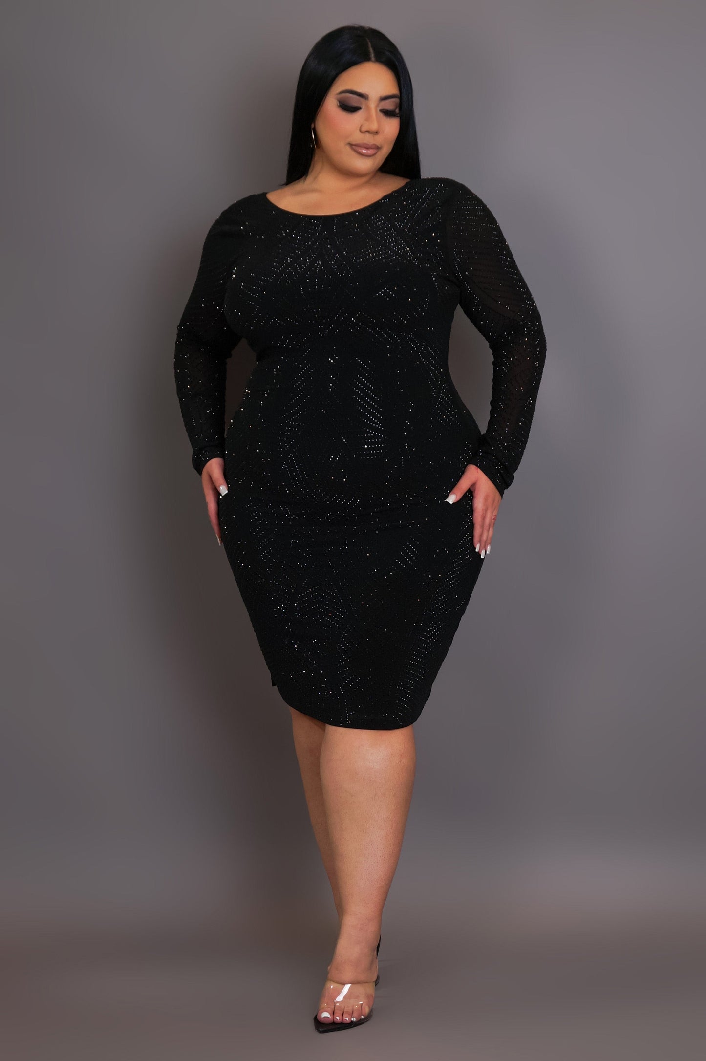 Plus Size Rhinestone Mini Dress- Black