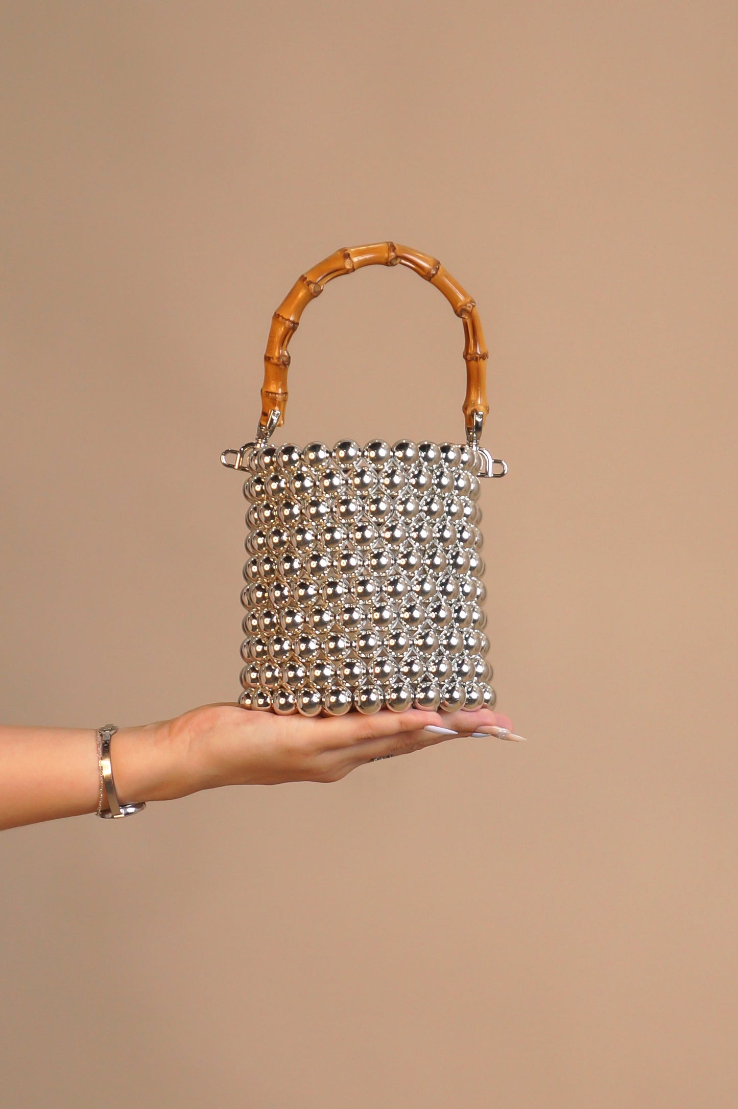 Bamboo Handle Pearl Bag- Silver