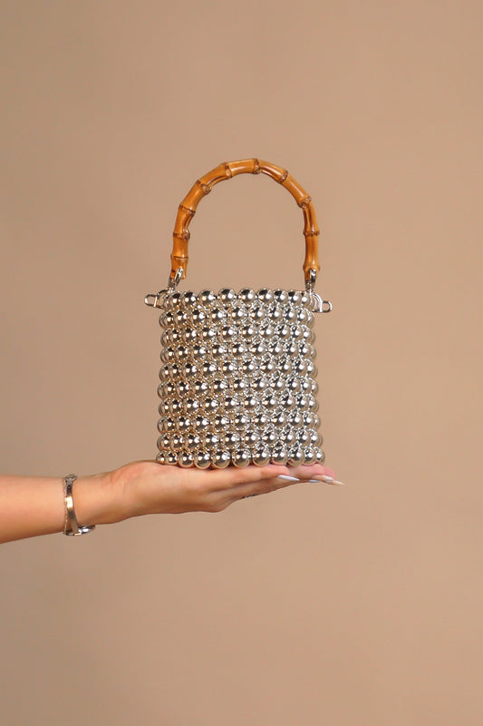 Bamboo Handle Pearl Bag- Silver