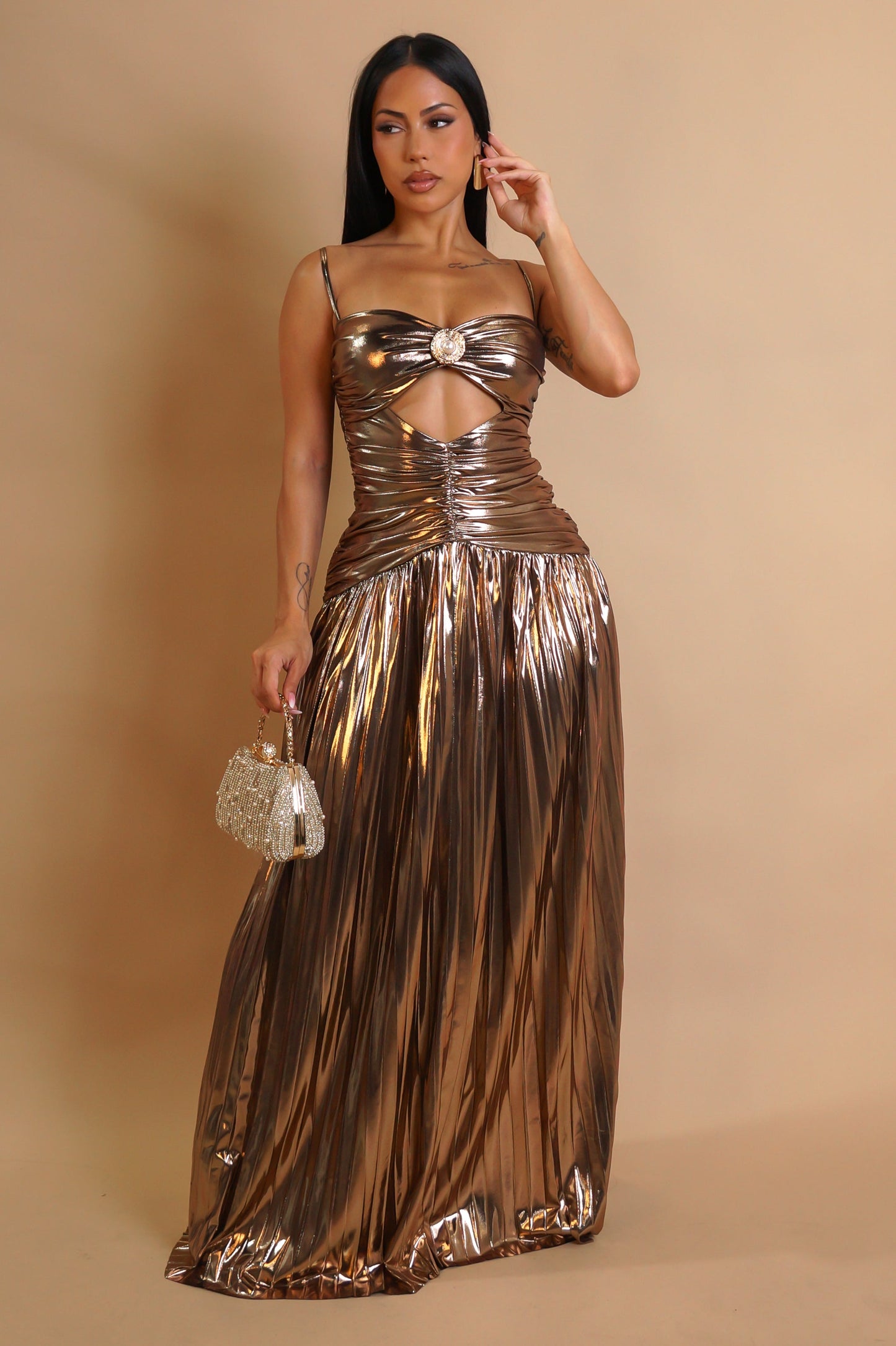 Rose Gold Pleated Maxi Dress