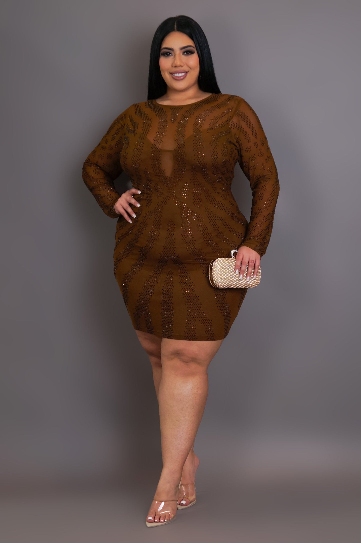 Plus Size Sparkling Mini Dress- Brown