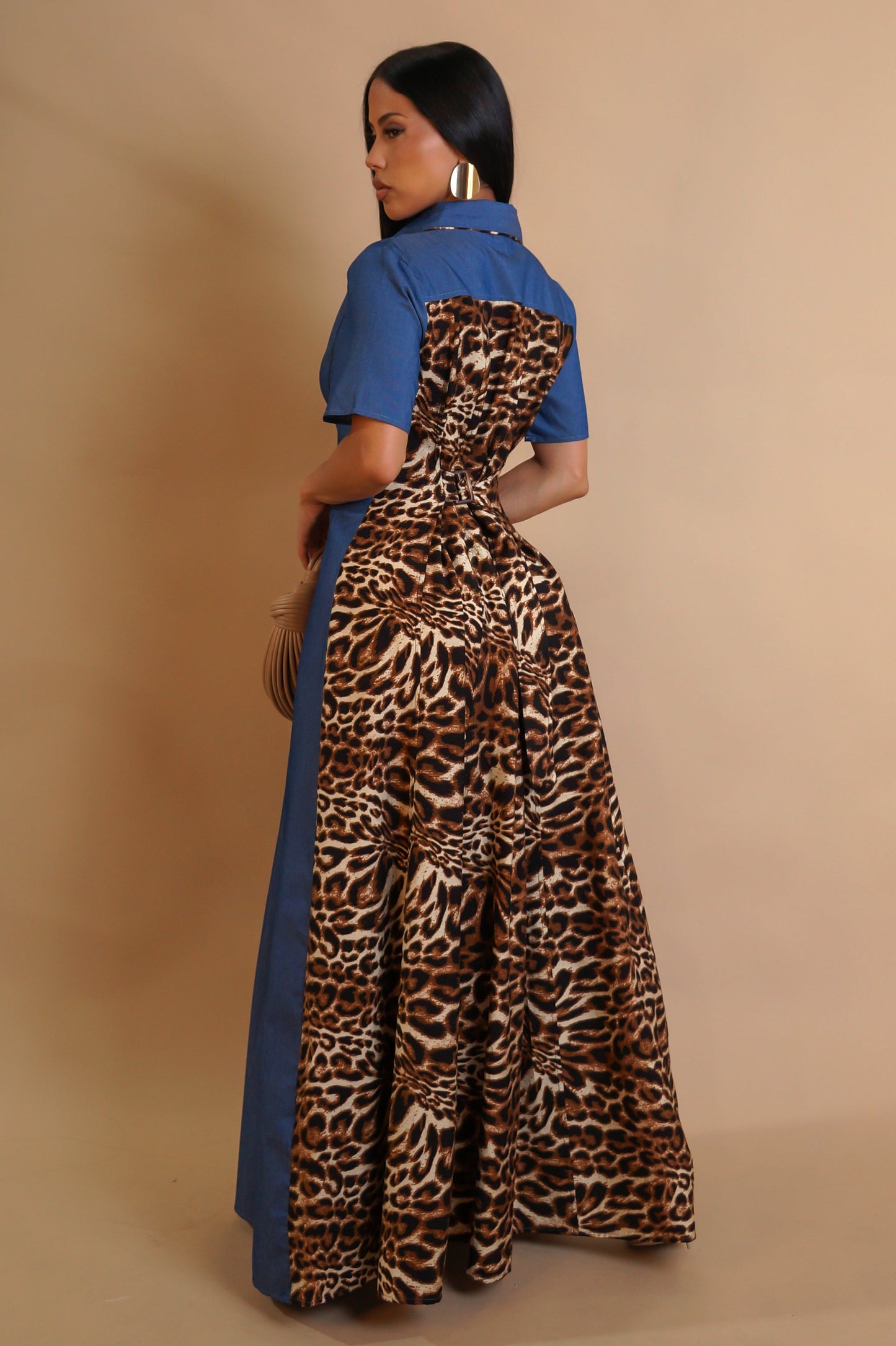 Animal Print on Denim Maxi Dress