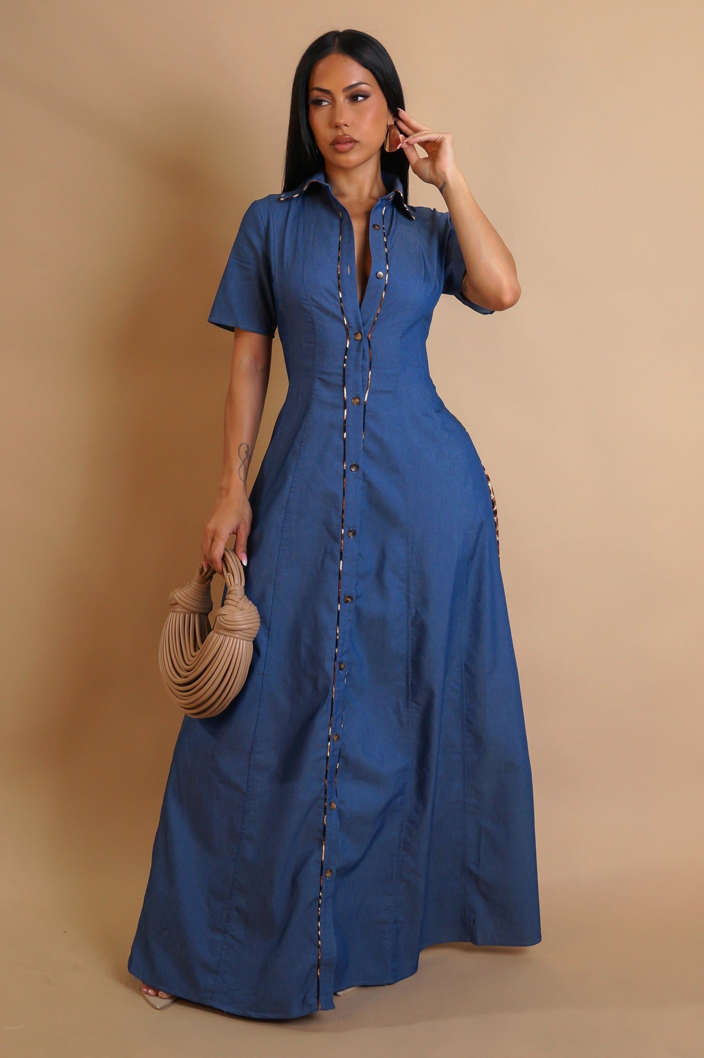 Animal Print on Denim Maxi Dress