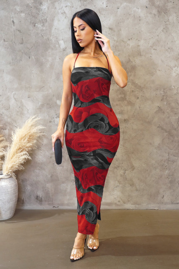 Floral Red & Black Midi Dress