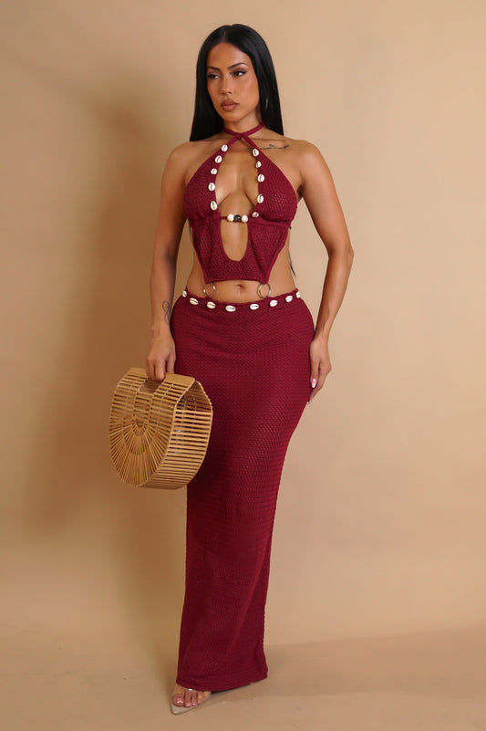 Shell Embroidered Maxi Dress- Red