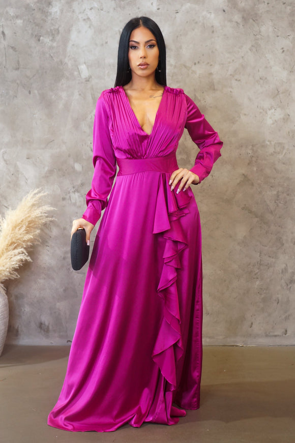 Long Sleeve Ruffled Maxi Dress-Purple