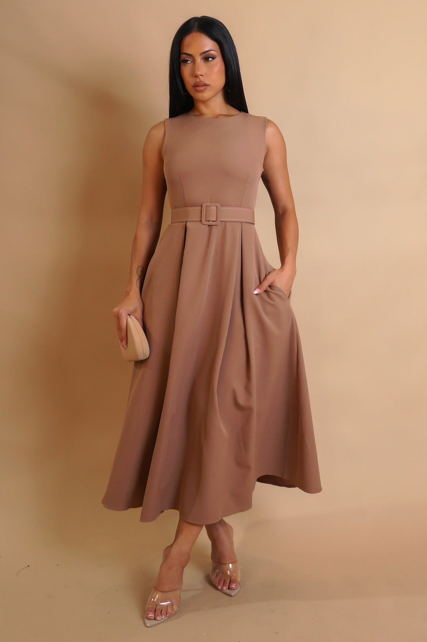 Simple Belted Brown Midi Dress