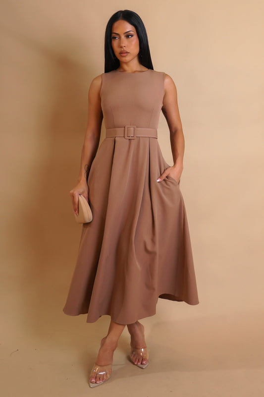 Simple Belted Brown Midi Dress