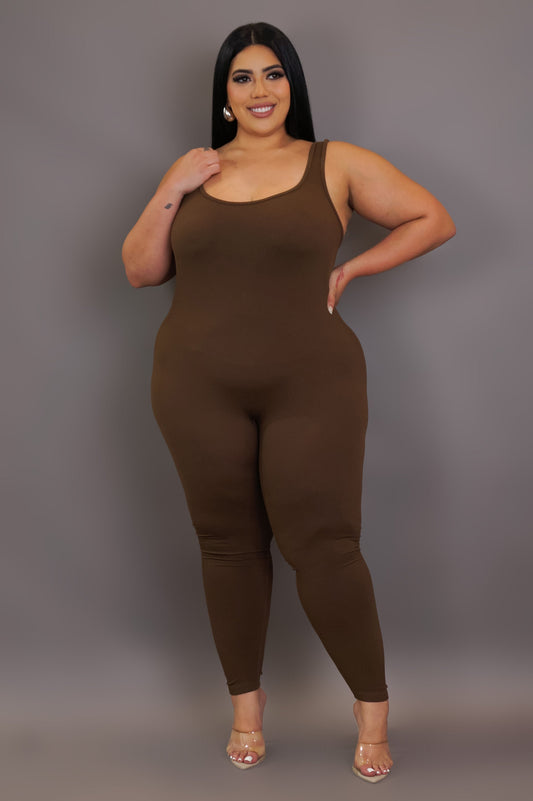 Plus Size Getting Comfy Jumpsuit- Brown