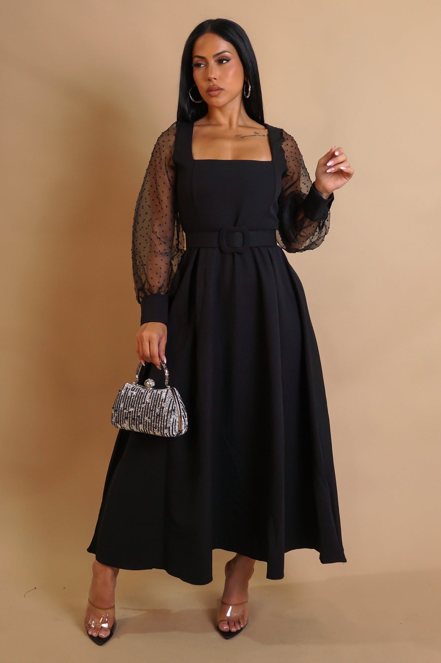 Take Me to Church Belted Midi Dress- Black