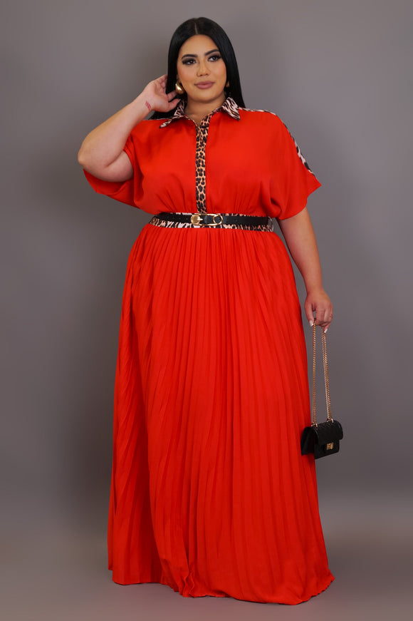 Plus Size Pleated Red & Animal Print Maxi Dress