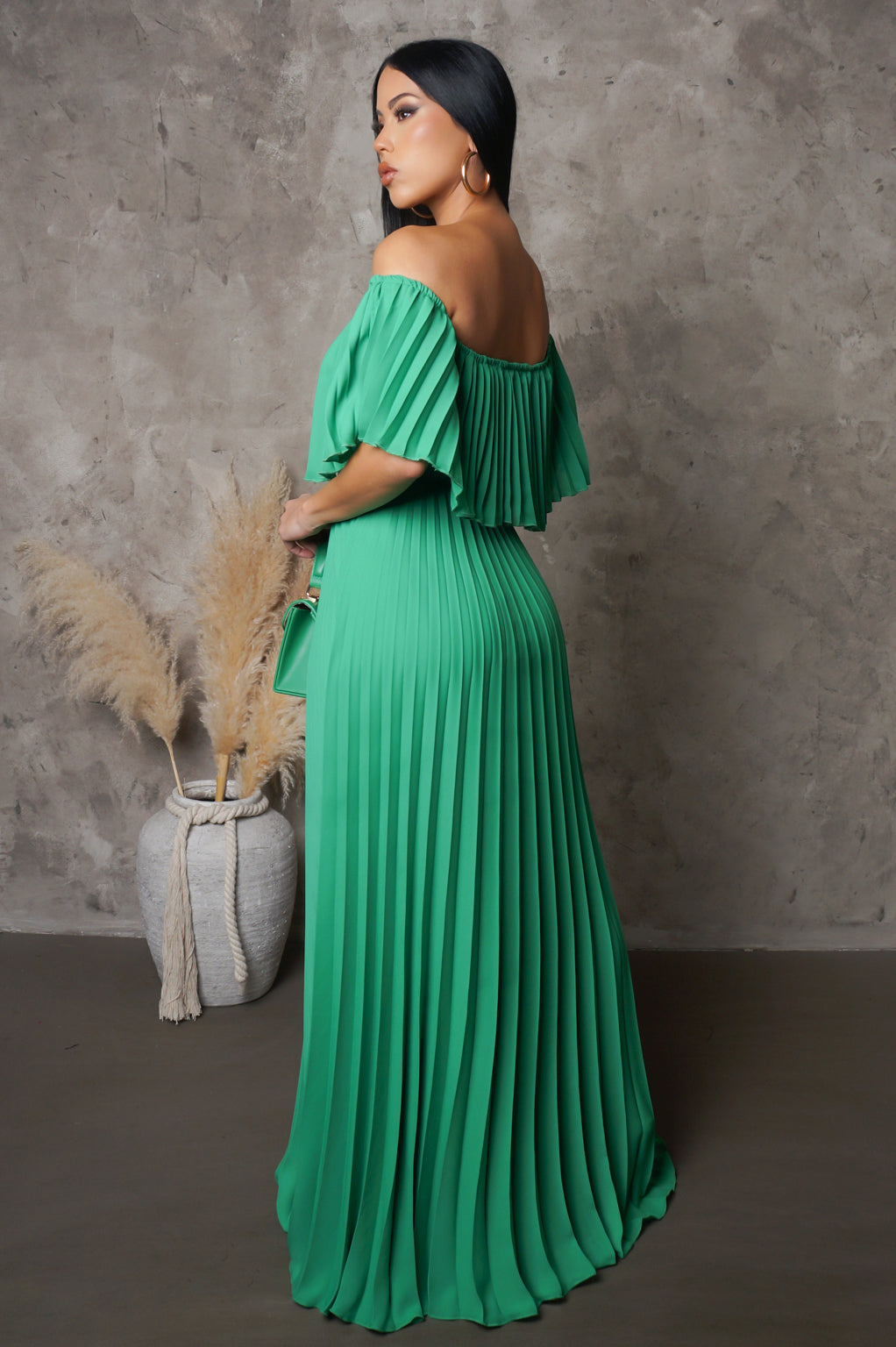 off shoulder pleated maxi dress Off-The-Shoulder Pleated Maxi Dress