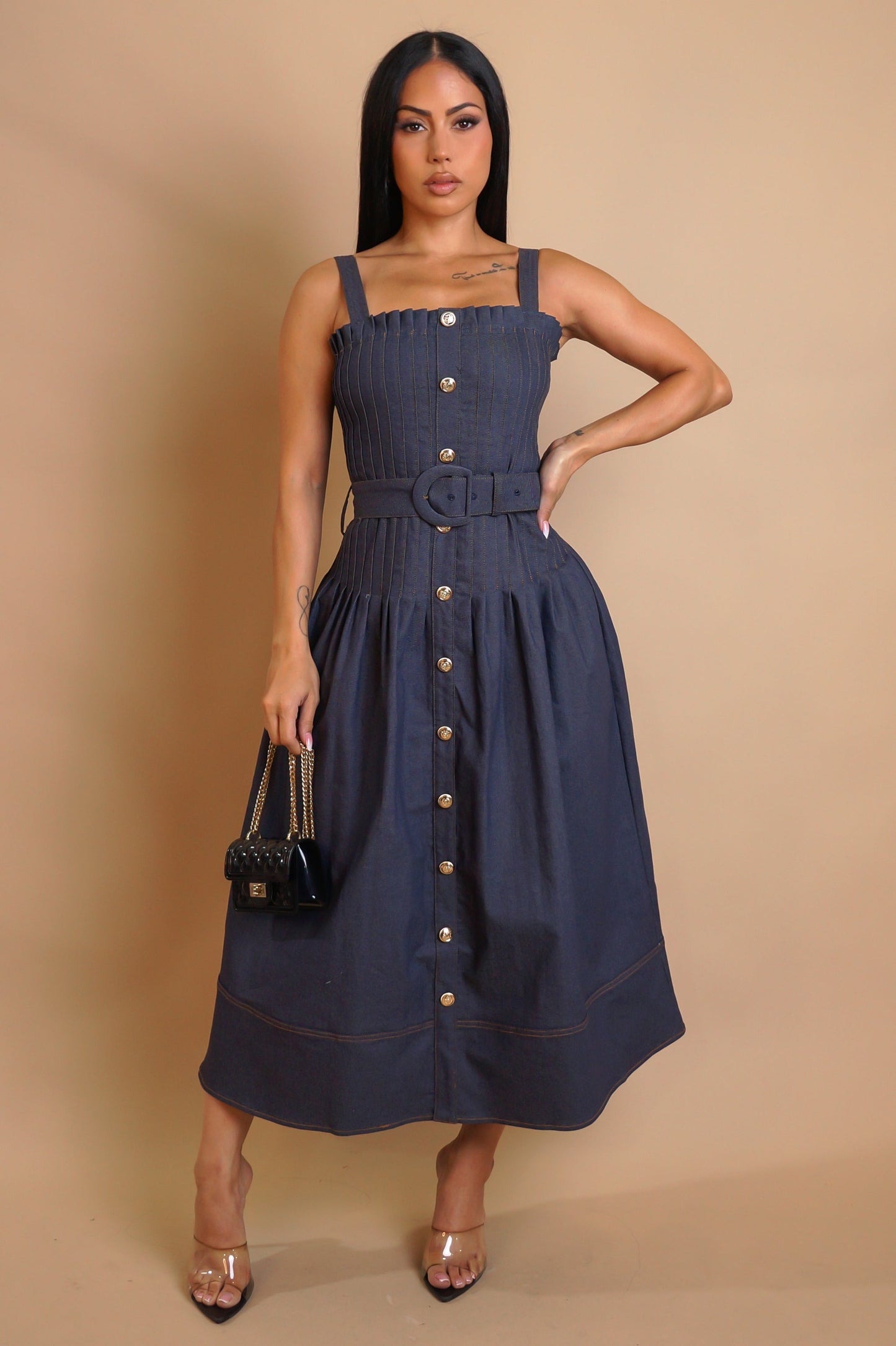 Luxe Look Denim Belted Midi Dress