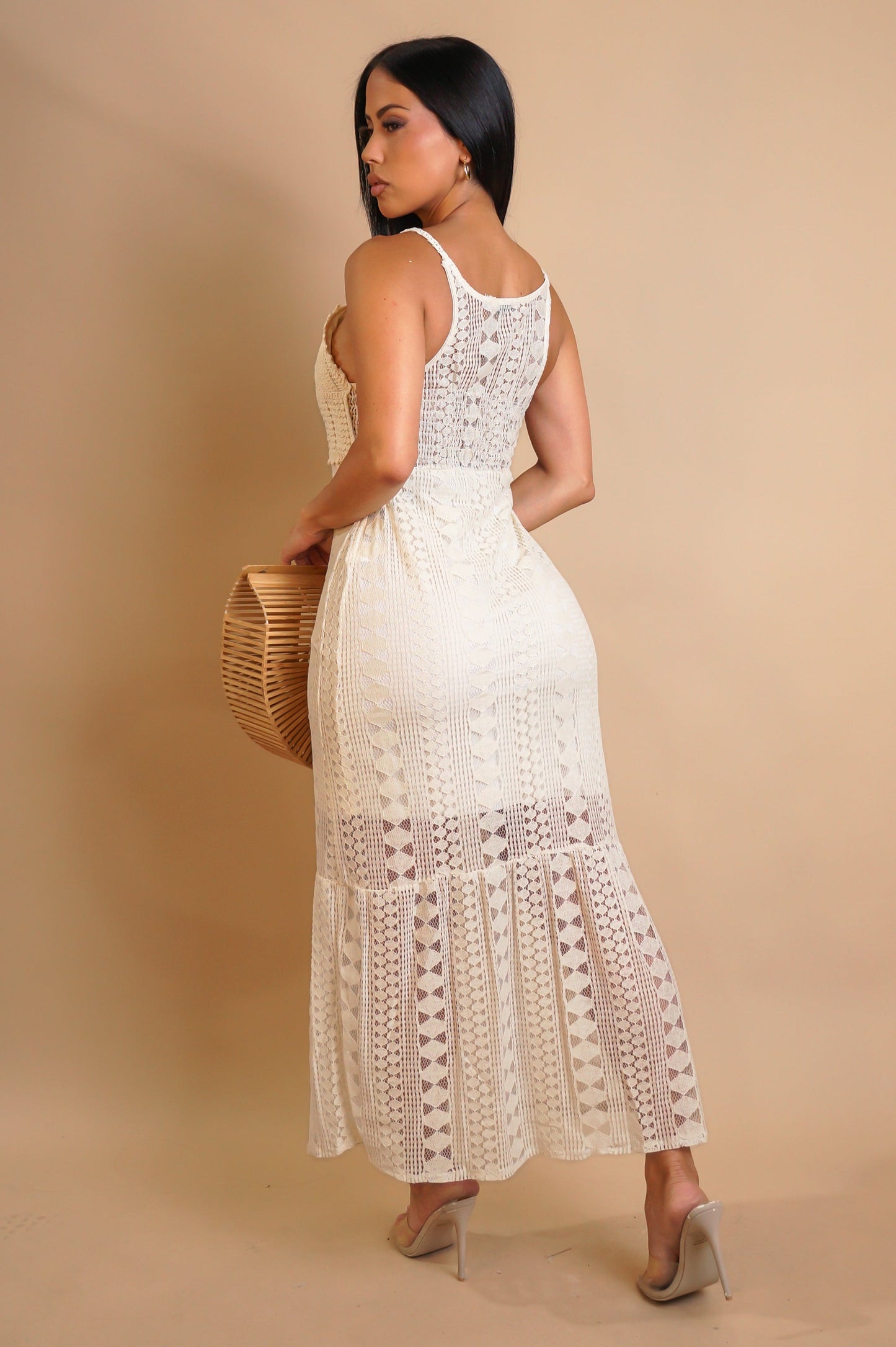 Crochet Knit Cream Midi Dress