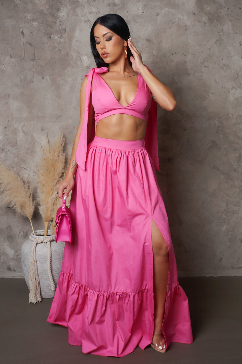 "Everlast" Maxi Skirt & Shoulder Tied Cropped Top Set