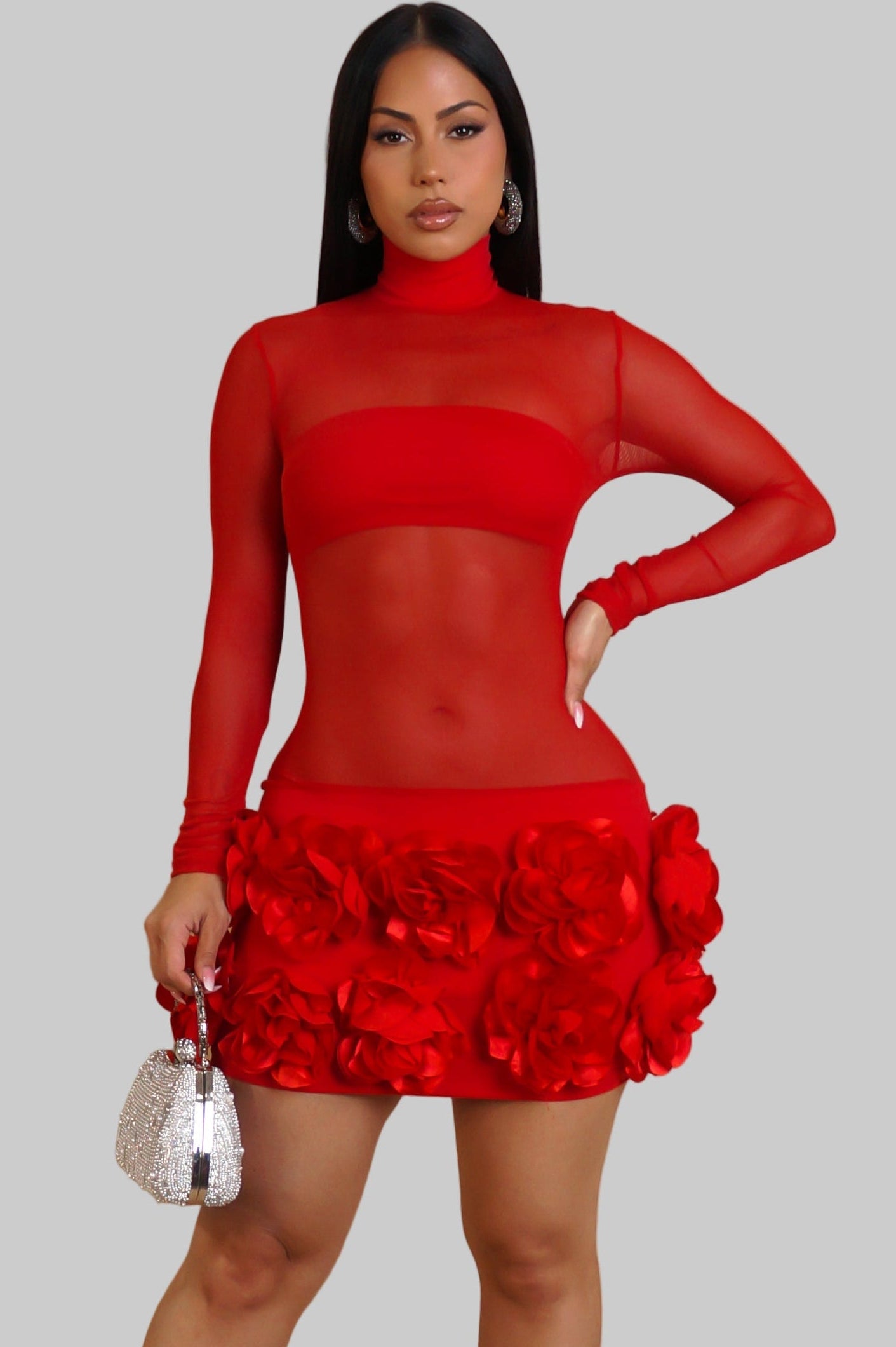 Daring 3D Flower Rose Pop Mesh Mini Dress- Red