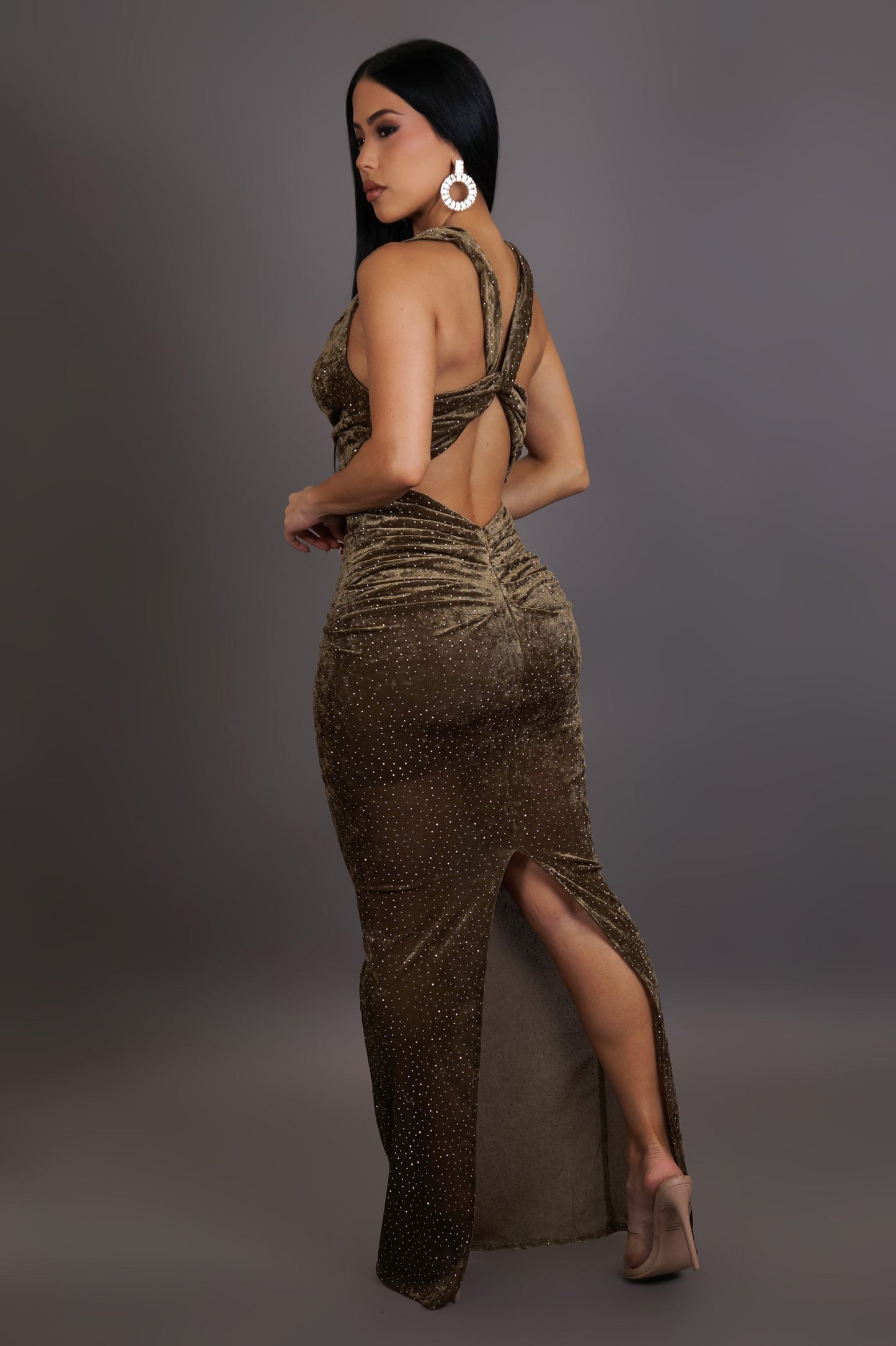 Olive Rhinestone Dotted Maxi Dress