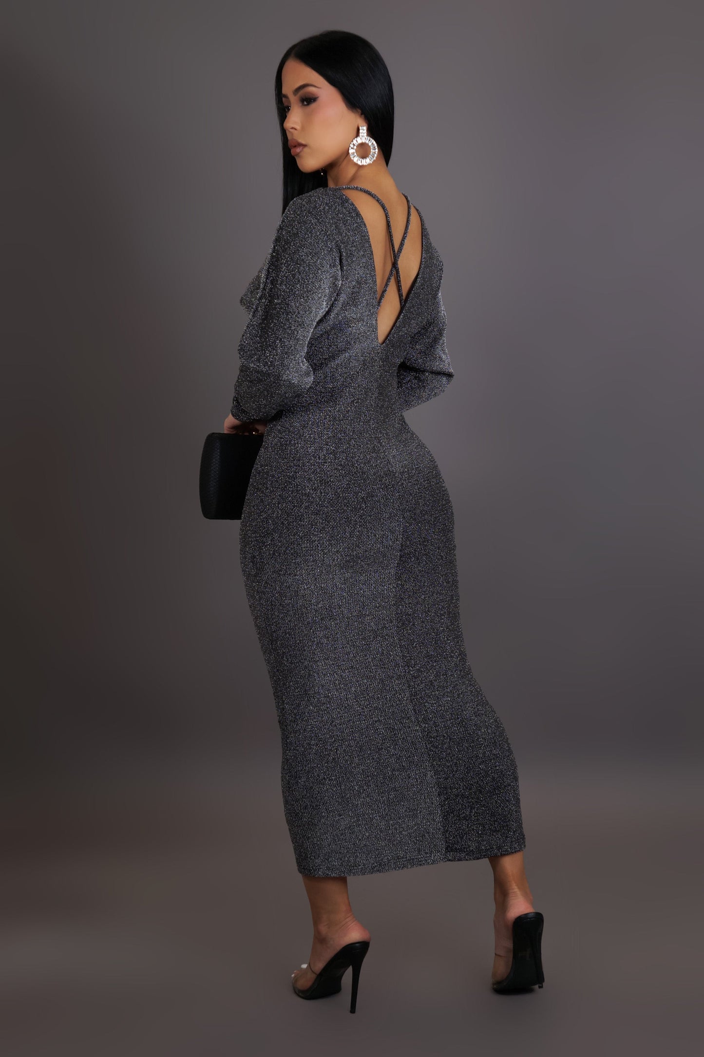Glitter Knit Criscross Open Back Midi Dress