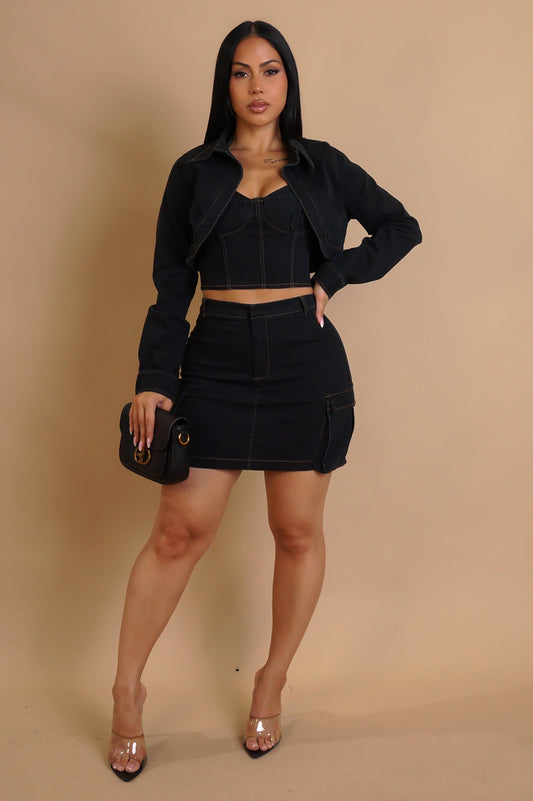 Bringing the Fun Denim Mini Skirt, Cropped Top , & Jacket Set- Black