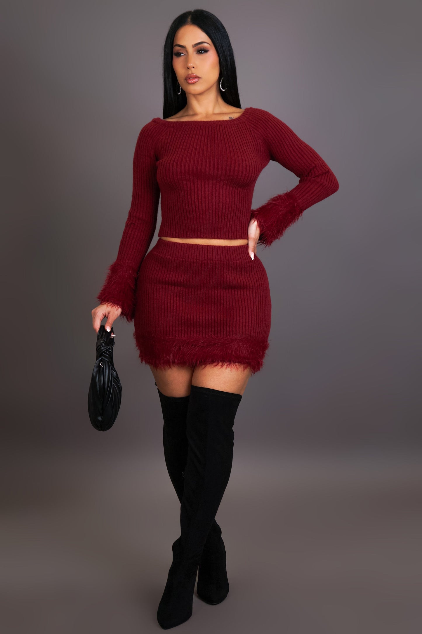 Fur Trimmed Mini Skirt & Top Set