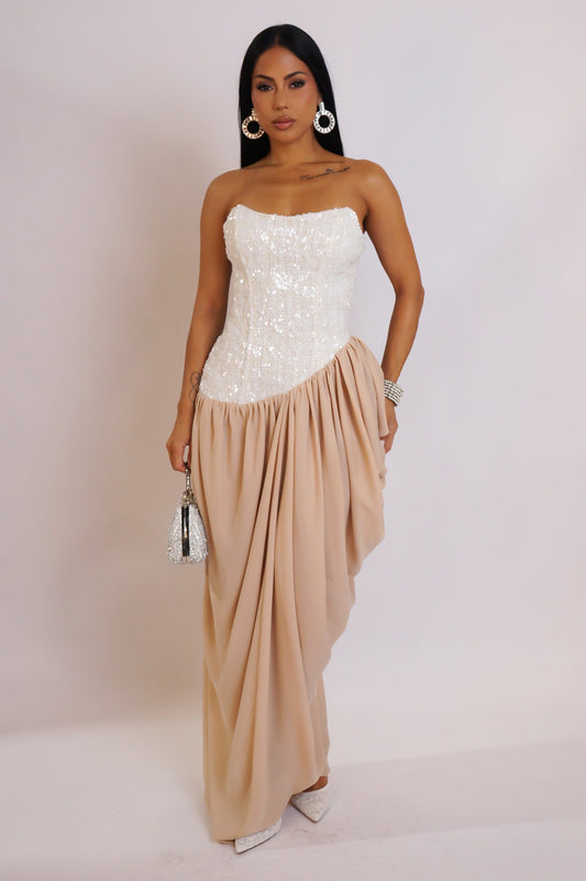 Corset & Draped Bottom Maxi Dress- Beige