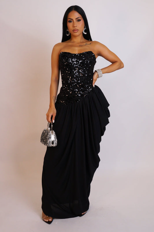 Corset & Draped Bottom Maxi Dress- Black