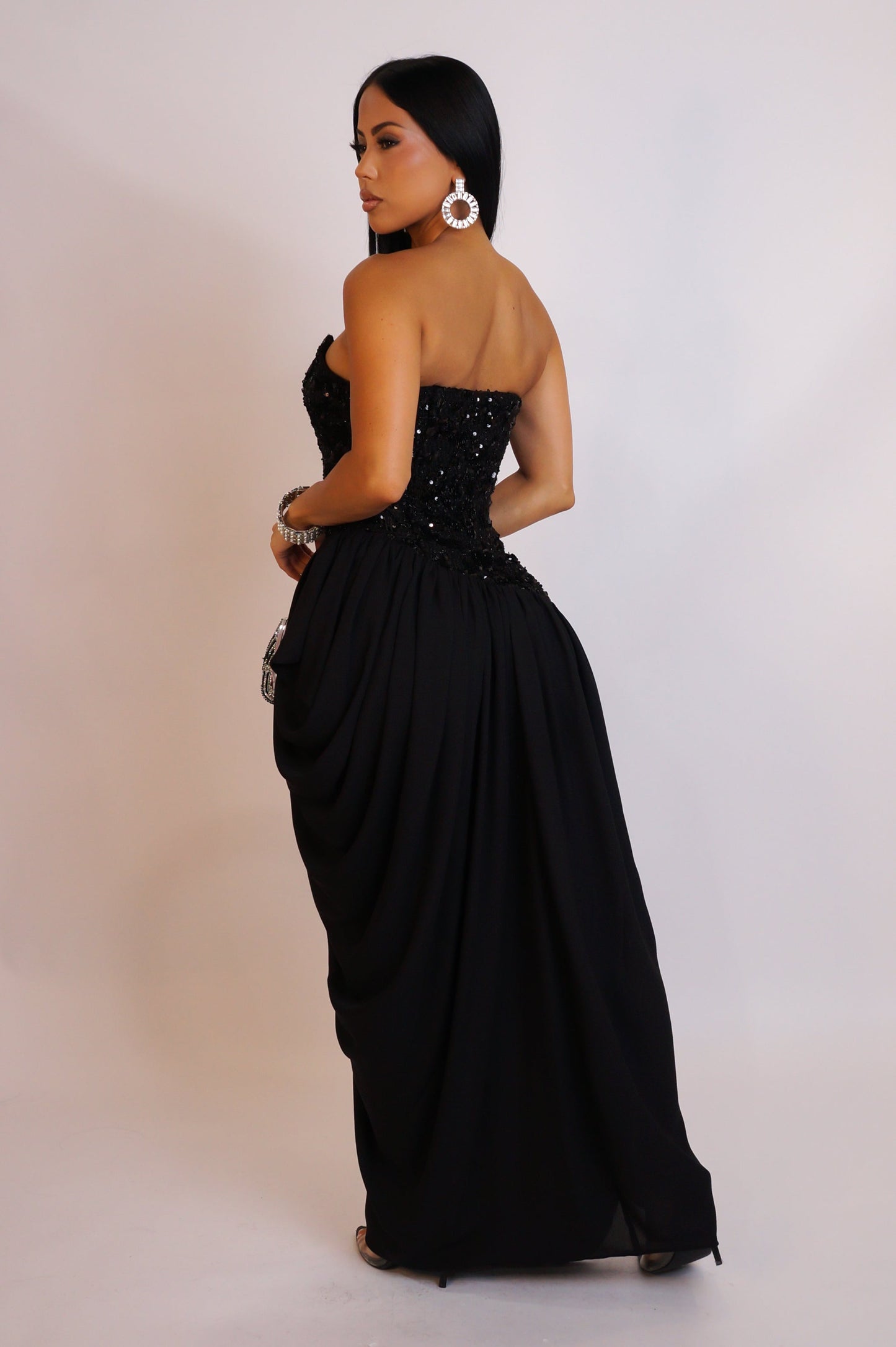Corset & Draped Bottom Maxi Dress- Black