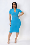 Blue Stitched Collar Neck Midi Dress