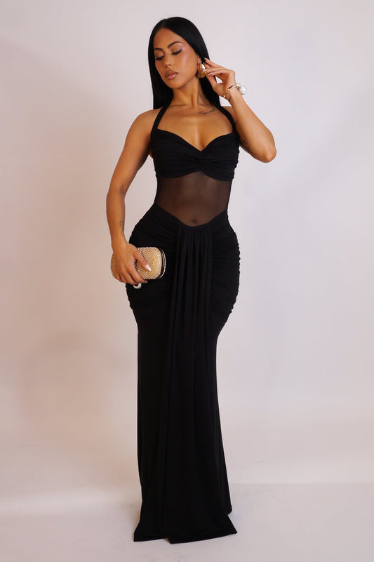 Mesh & Ruched Maxi Dress- Black