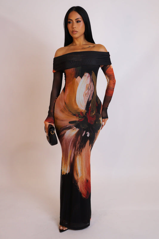 All that Drama Off Shoulder Maxi Dress- Brown