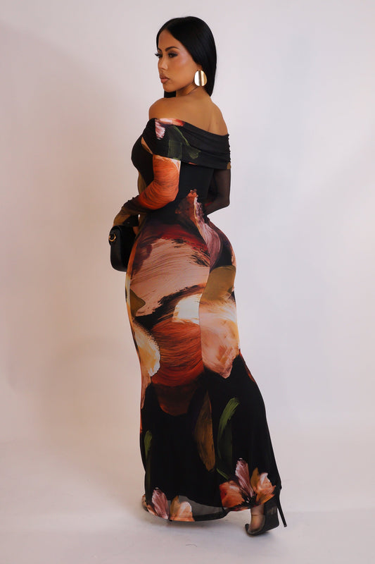 All that Drama Off Shoulder Maxi Dress- Brown