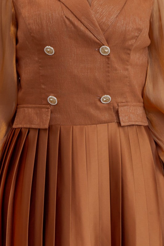 Pleated Bottom & Jacketed Top Dress- Brown