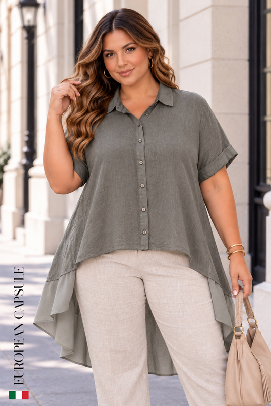 Italian Linen Notte Fiorentina High Low Blouse- Gray