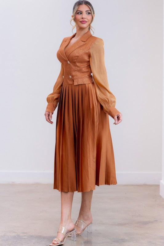 Pleated Bottom & Jacketed Top Dress- Brown