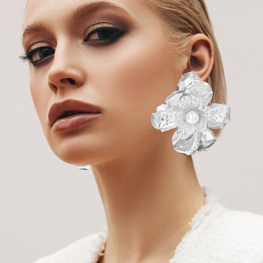Oversized Pearl Pointed Hammered Metal Petal Flower Earrings