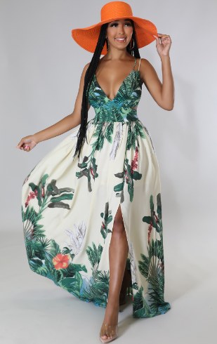 Ivory Green Leaf Print Cut-Out Maxi Dress